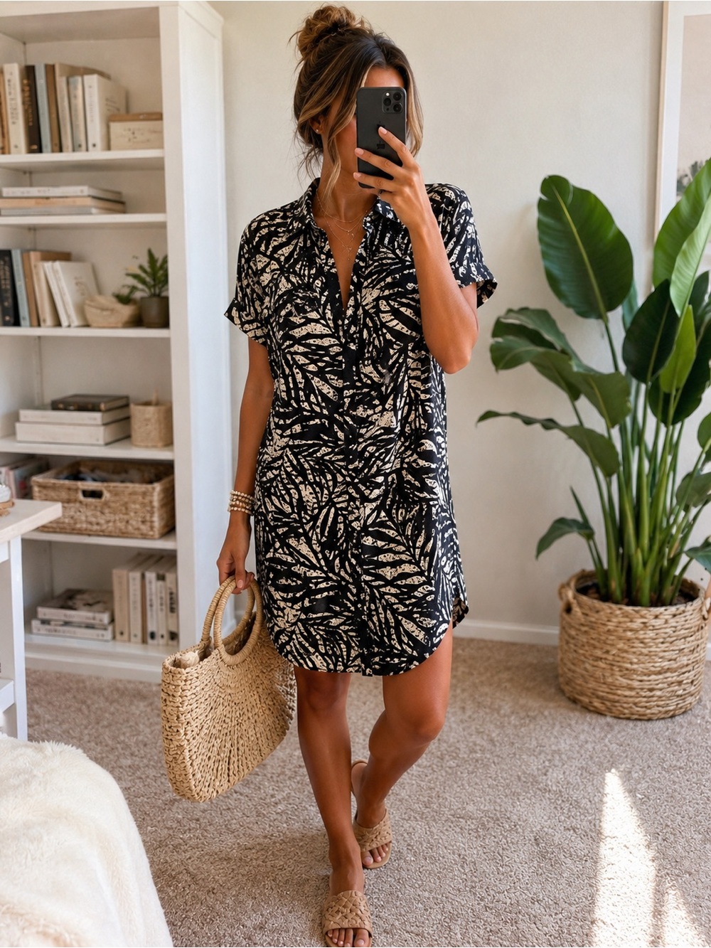 NWT Banana Republic Black & Ivory Tropical Leaf Shirt Dress Size 10